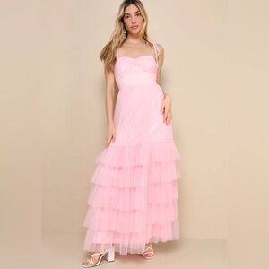 NWT Endlessly Darling Pink Mesh Tiered Tie-Strap Maxi Dress